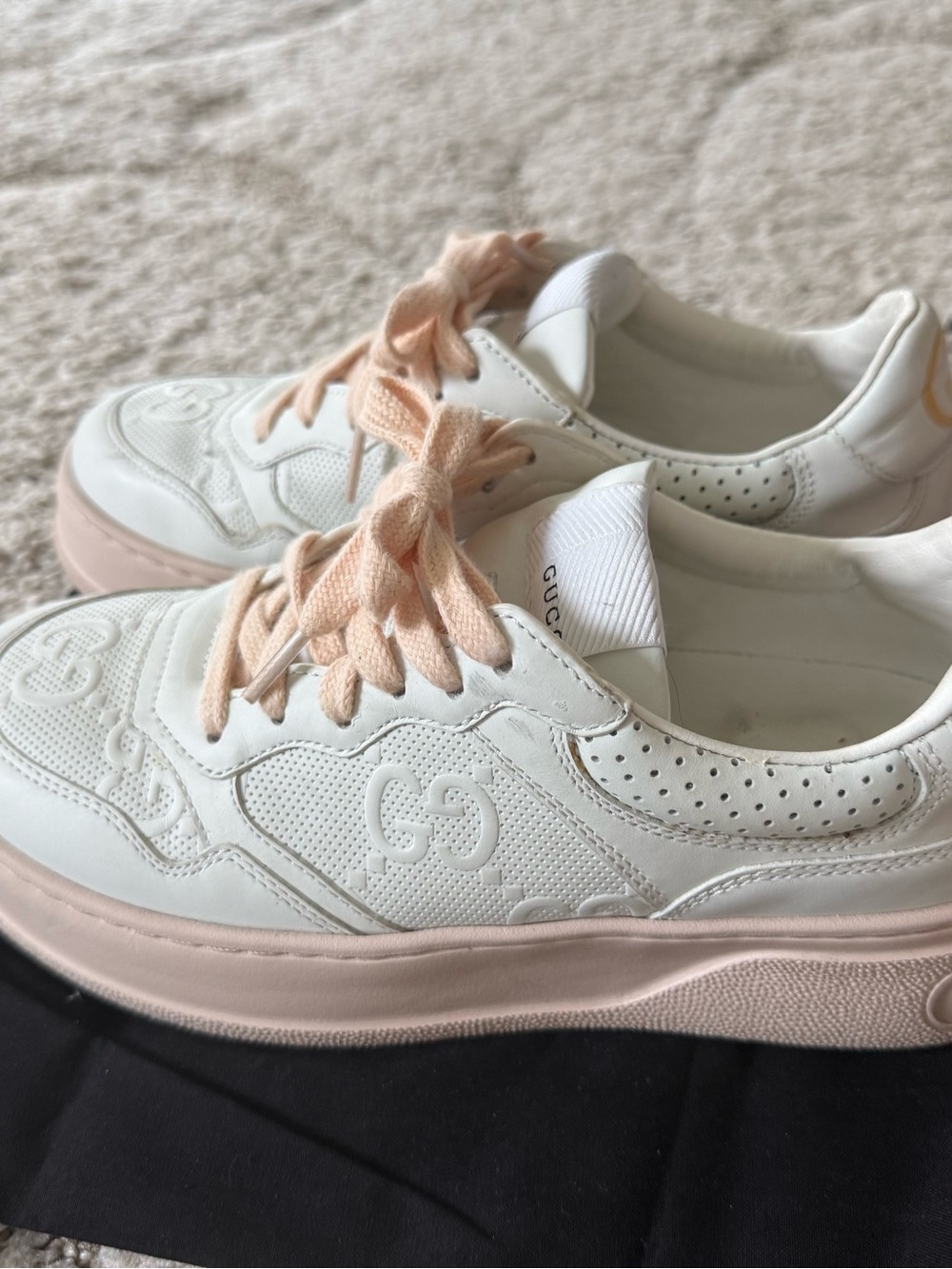 Gucci Cream Leather Sneakers with Peach Laces and Subtle Tan Accents